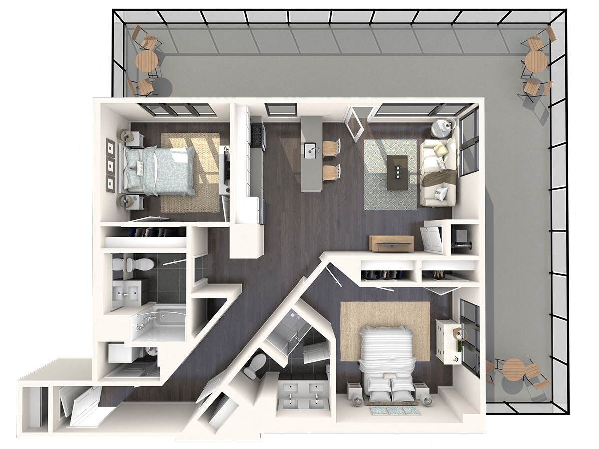 Floor plan for 2 beds, 2 baths, 1086 sqft